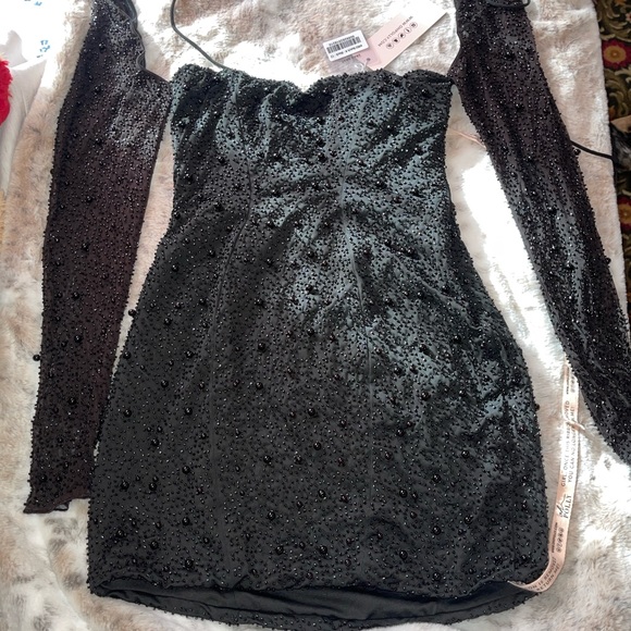 long sleeve embellished corset mini dress in black Ethelie Embellished Draped Corset A-Line Mini Dress in Black main image 1